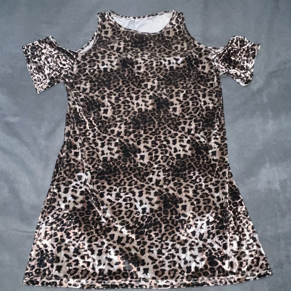Women's S Leopard Print Cold Shoulder Short Sleeve Velvet Long Tunic Top Shirt